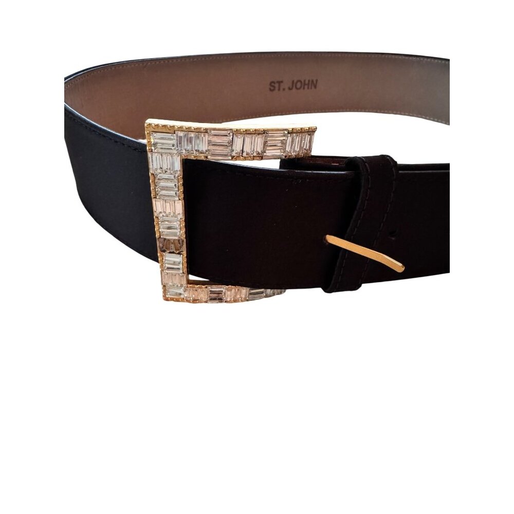 St. John Black Belt With Gold & Rhinestone Buckle Size 12 - Picture 2 of 6